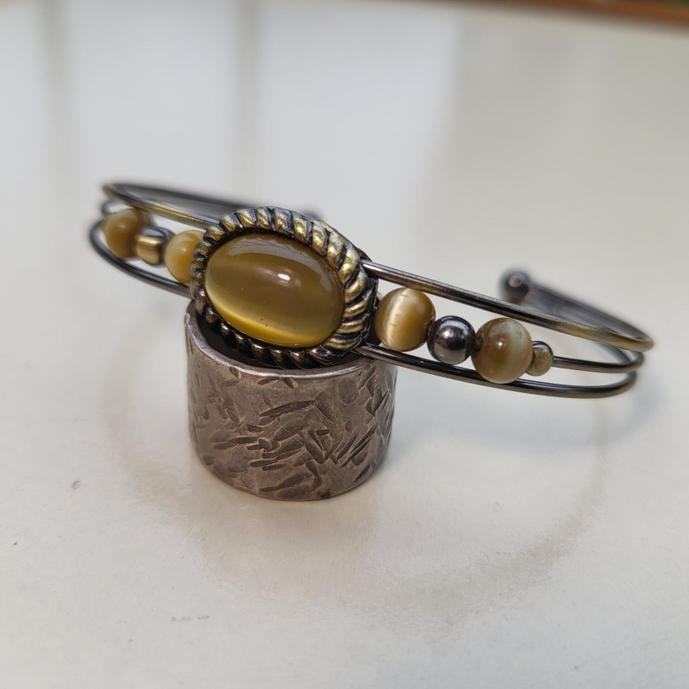 Vintage Cuff Bracelet Yellow Bronze Cat's Eye Bead Triple Wire - Picture 3 of 7